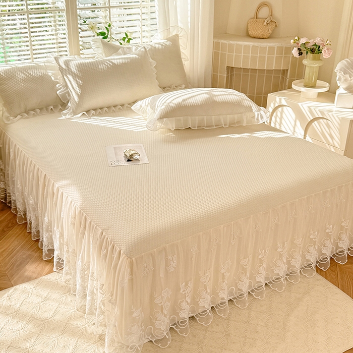 91家纺网 家纺一手货源 找家纺 后庭寝室 2026新款冰感豆豆床裙凉席夏被空调被四件套-花语系列 花语-米色