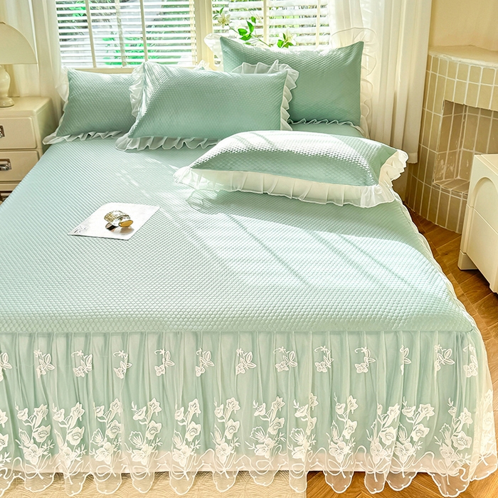 91家纺网 家纺一手货源 找家纺 后庭寝室 2026新款冰感豆豆床裙凉席夏被空调被四件套-花语系列 花语-浅蓝