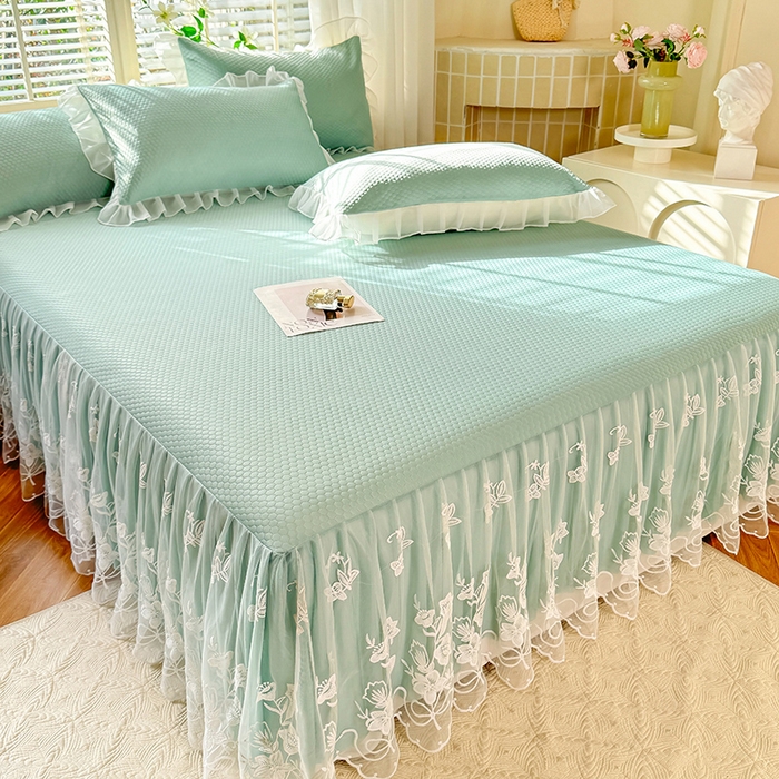 91家纺网 家纺一手货源 找家纺 后庭寝室 2026新款冰感豆豆床裙凉席夏被空调被四件套-花语系列 花语-浅蓝