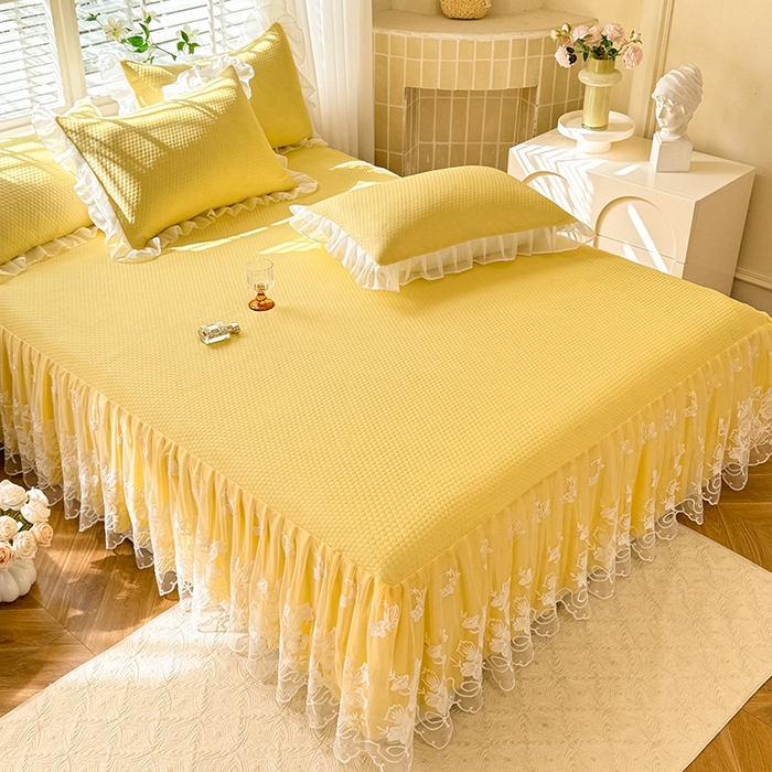 91家纺网 家纺一手货源 找家纺 后庭寝室 2026新款冰感豆豆床裙凉席夏被空调被四件套-花语系列 花语-嫩黄