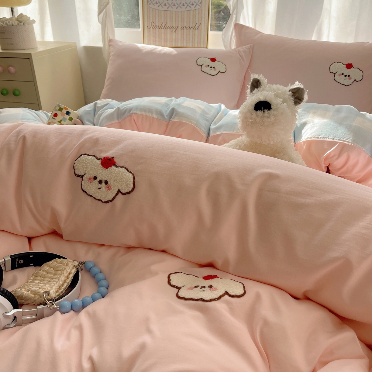 91家纺网 家纺一手货源 找家纺 韩都家居 2026春夏新款亲肤舒适毛巾绣四件套（包含买家秀原图） 可爱狗狗