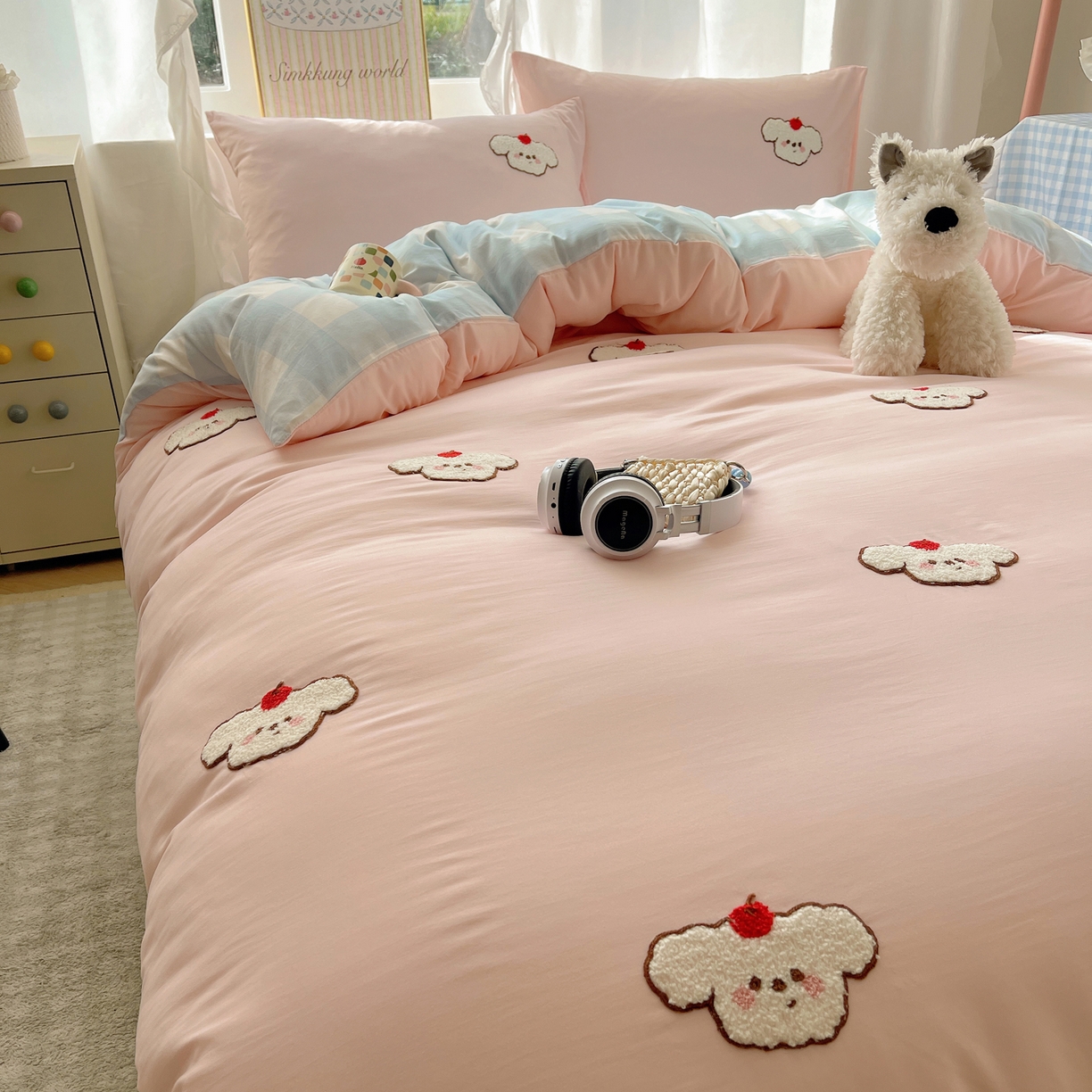 91家纺网 家纺一手货源 找家纺 韩都家居 2026春夏新款亲肤舒适毛巾绣四件套（包含买家秀原图） 可爱狗狗