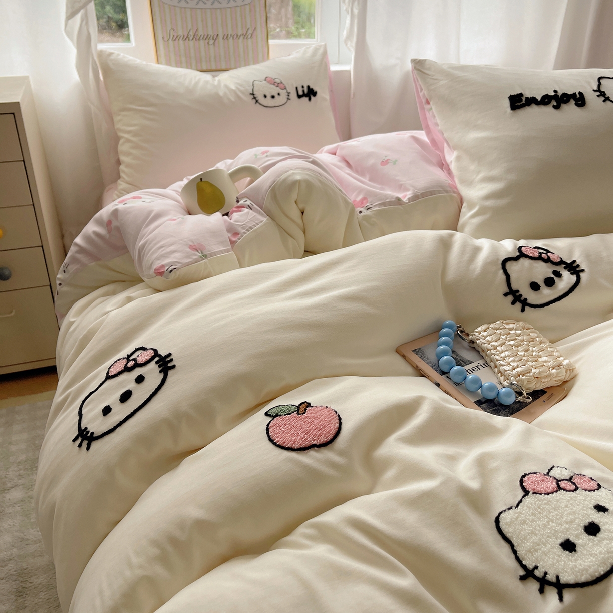 91家纺网 家纺一手货源 找家纺 韩都家居 2026春夏新款亲肤舒适毛巾绣四件套（包含买家秀原图） 猫猫爱吃苹果