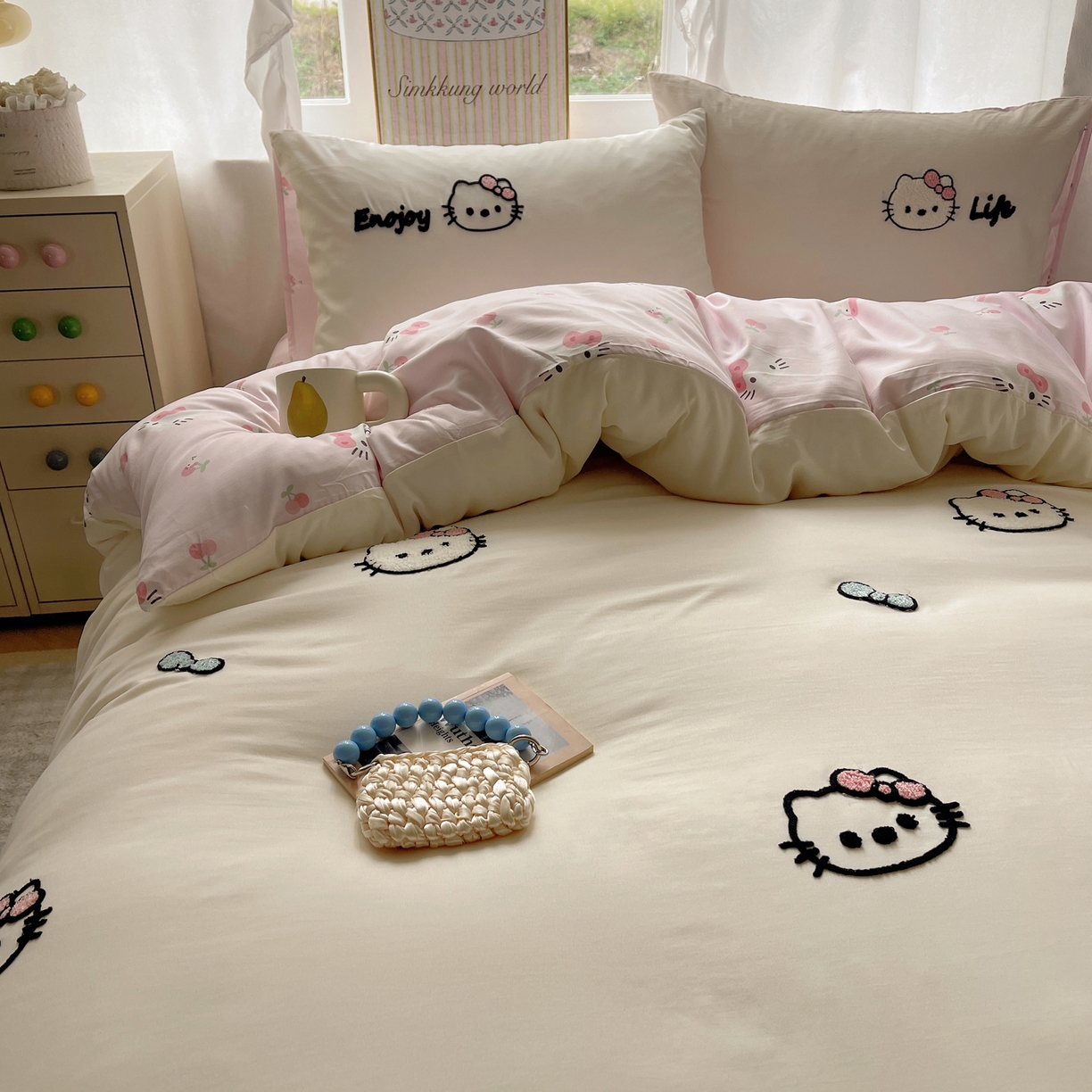 91家纺网 家纺一手货源 找家纺 韩都家居 2026春夏新款亲肤舒适毛巾绣四件套（包含买家秀原图） 猫猫爱吃苹果