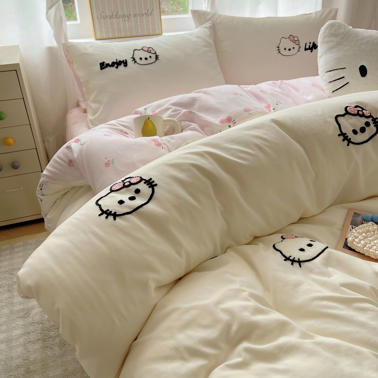 91家纺网 家纺一手货源 找家纺 韩都家居 2026春夏新款亲肤舒适毛巾绣四件套（包含买家秀原图） 猫猫爱吃苹果