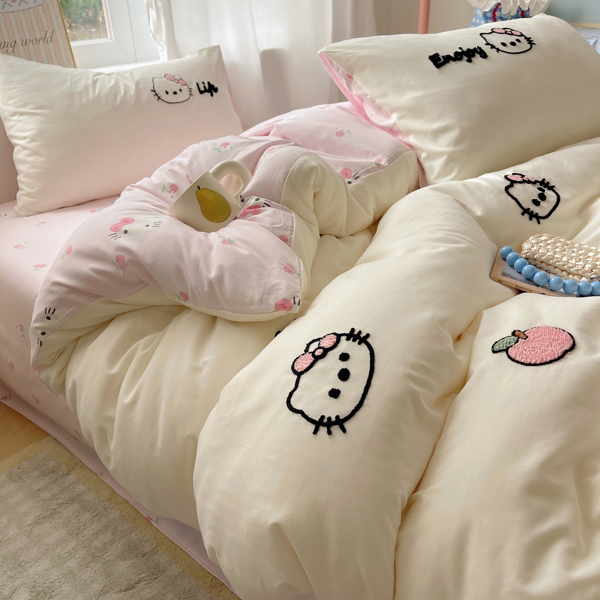 91家纺网 家纺一手货源 找家纺 韩都家居 2026春夏新款亲肤舒适毛巾绣四件套（包含买家秀原图） 猫猫爱吃苹果