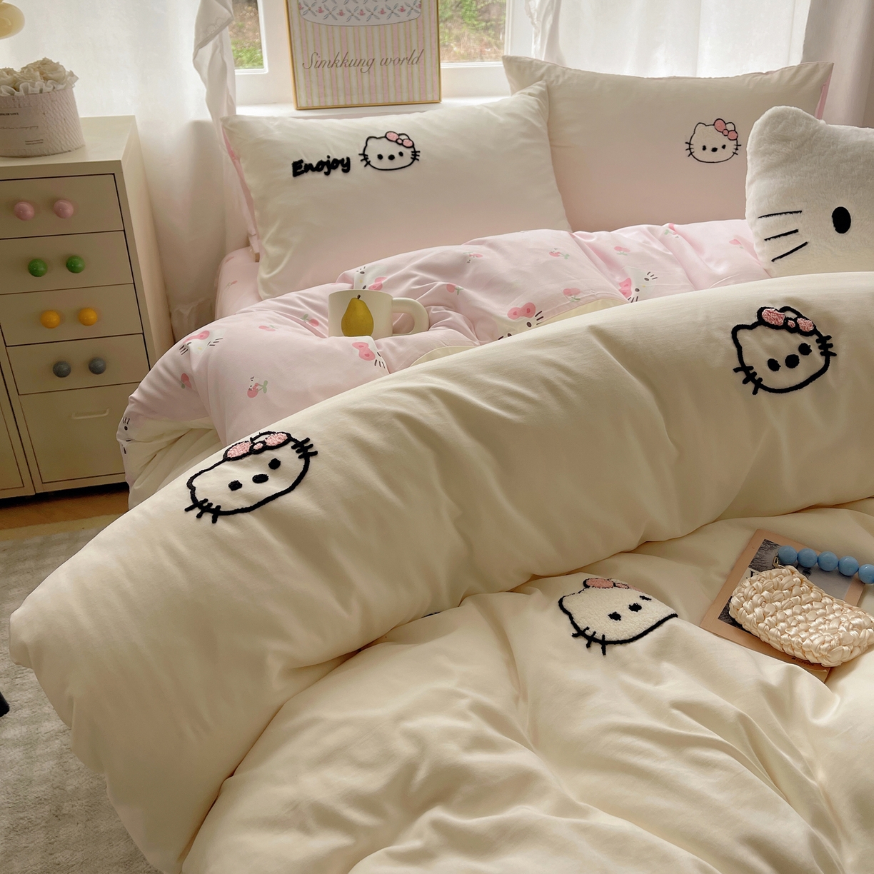 91家纺网 家纺一手货源 找家纺 韩都家居 2026春夏新款亲肤舒适毛巾绣四件套（包含买家秀原图） 猫猫爱吃苹果