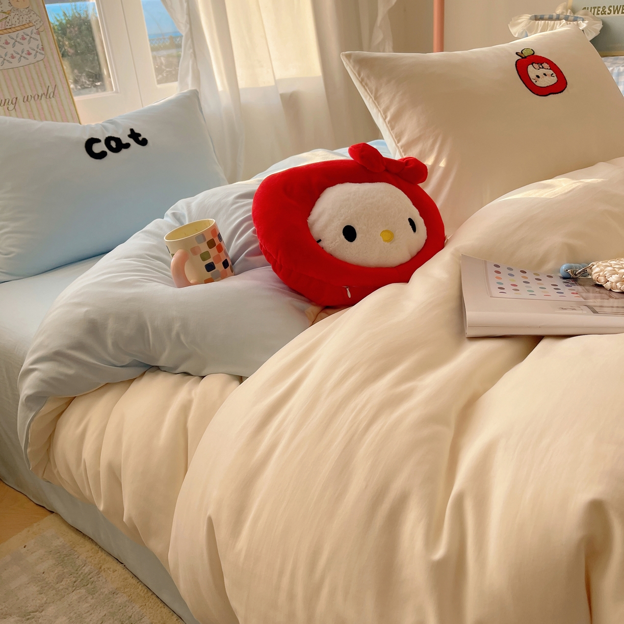 91家纺网 家纺一手货源 找家纺 韩都家居 2026春夏新款亲肤舒适毛巾绣四件套（包含买家秀原图） 猫咪物语