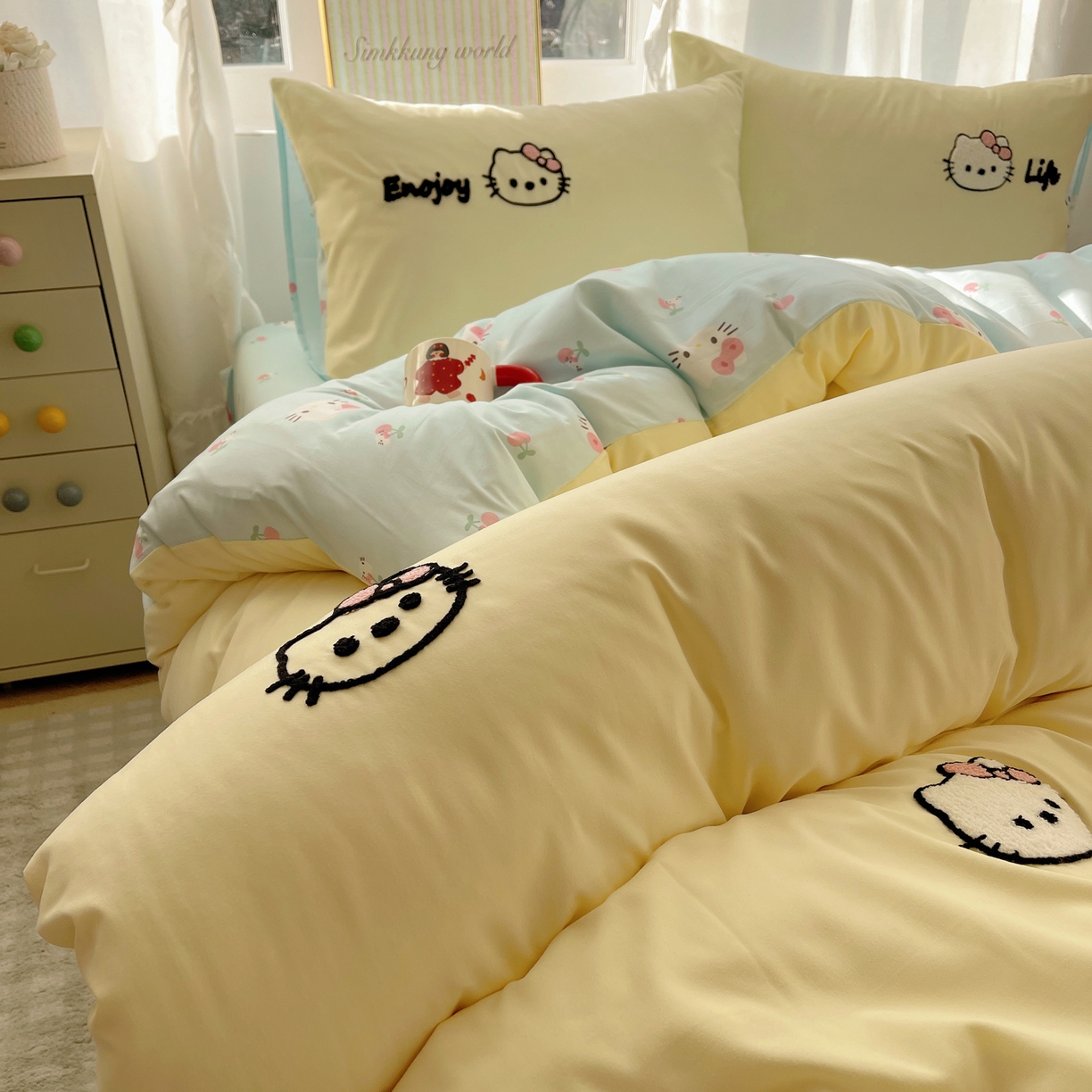 91家纺网 家纺一手货源 找家纺 韩都家居 2026春夏新款亲肤舒适毛巾绣四件套（包含买家秀原图） 苹果甜猫