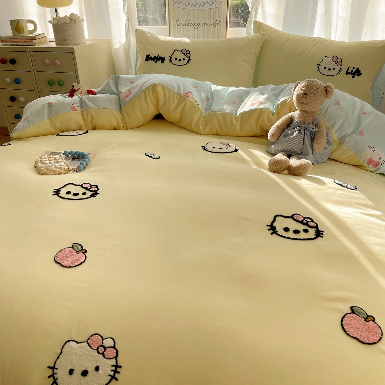 91家纺网 家纺一手货源 找家纺 韩都家居 2026春夏新款亲肤舒适毛巾绣四件套（包含买家秀原图） 苹果甜猫