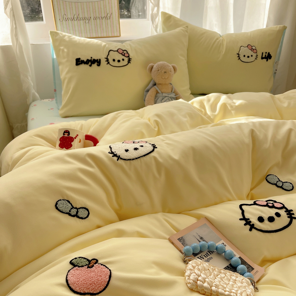 91家纺网 家纺一手货源 找家纺 韩都家居 2026春夏新款亲肤舒适毛巾绣四件套（包含买家秀原图） 苹果甜猫