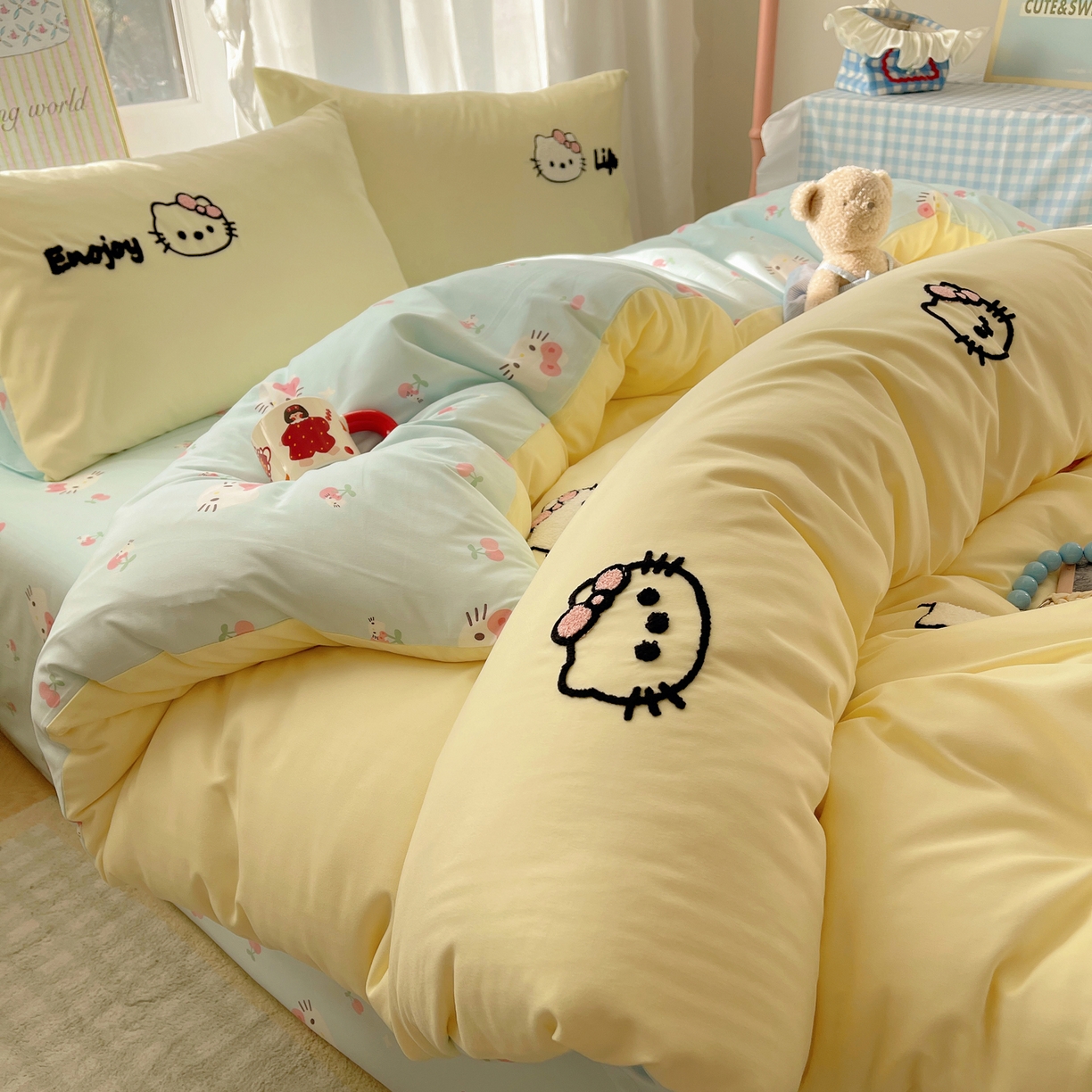 91家纺网 家纺一手货源 找家纺 韩都家居 2026春夏新款亲肤舒适毛巾绣四件套（包含买家秀原图） 苹果甜猫