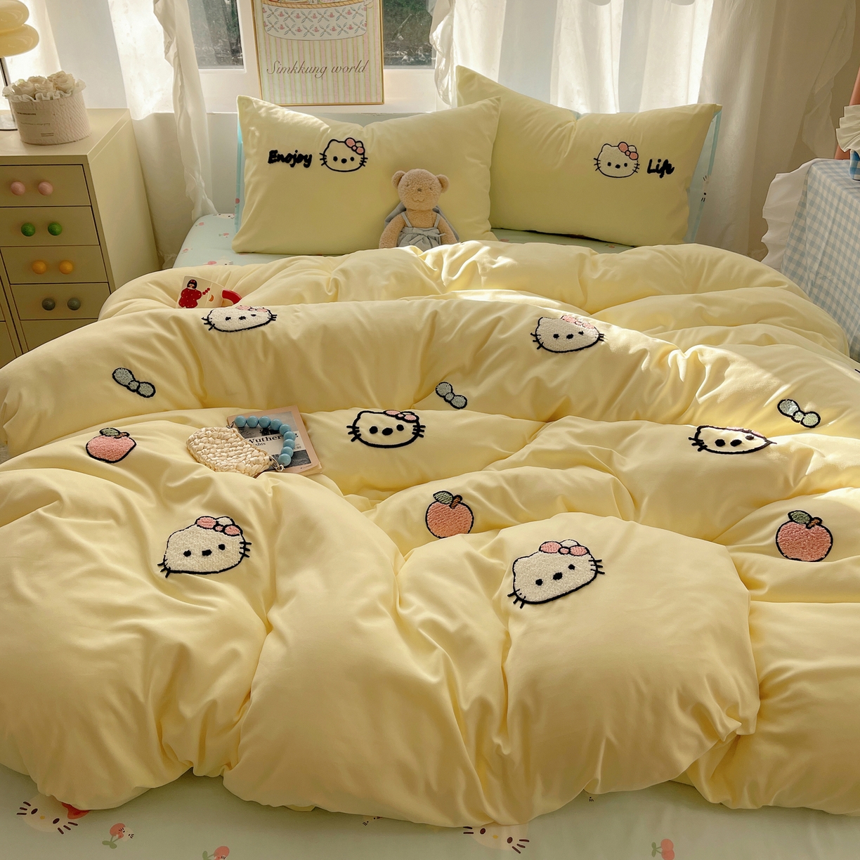 91家纺网 家纺一手货源 找家纺 韩都家居 2026春夏新款亲肤舒适毛巾绣四件套（包含买家秀原图） 苹果甜猫