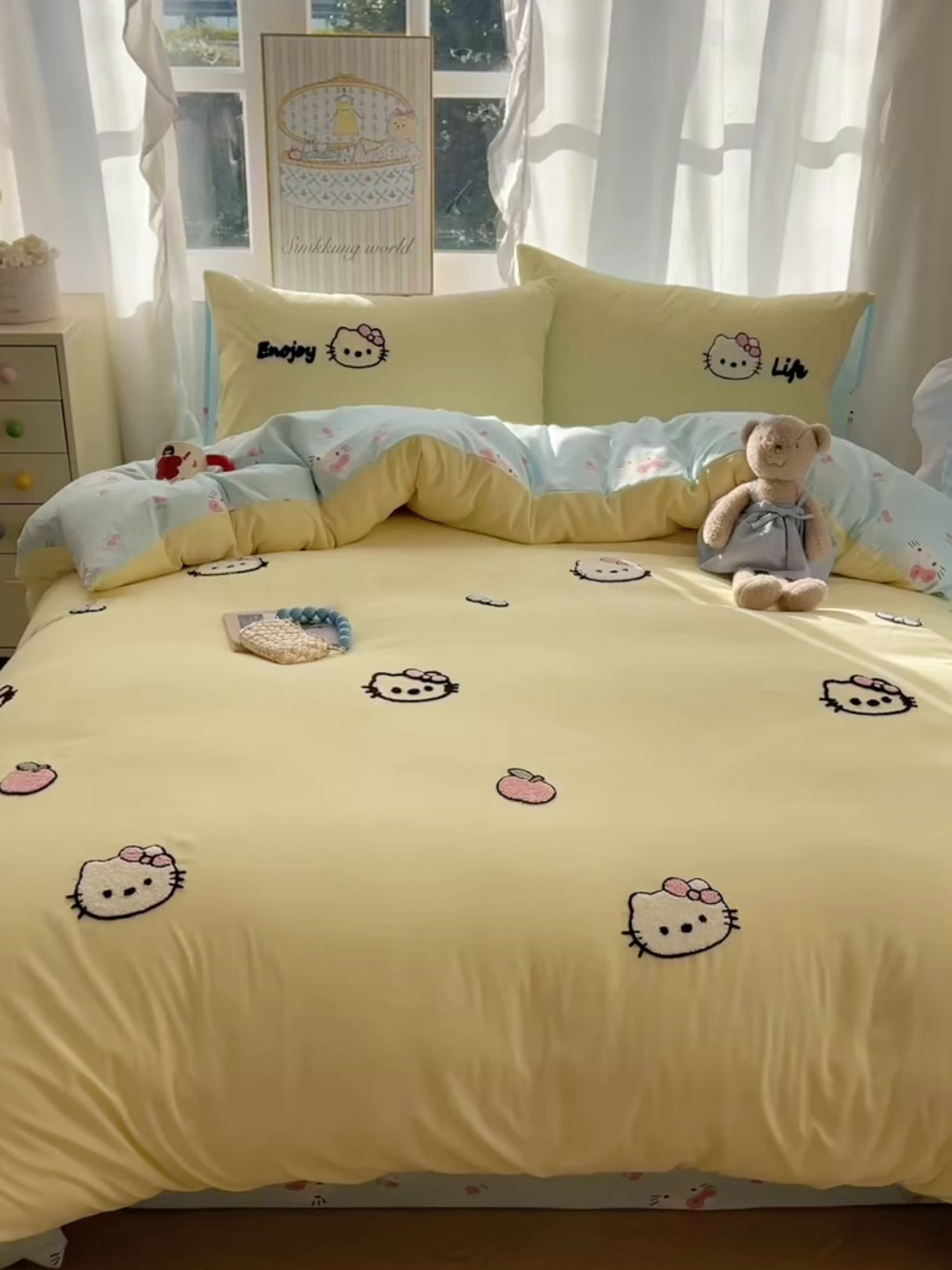 91家纺网 家纺一手货源 找家纺 韩都家居 2026春夏新款亲肤舒适毛巾绣四件套（包含买家秀原图） 苹果甜猫