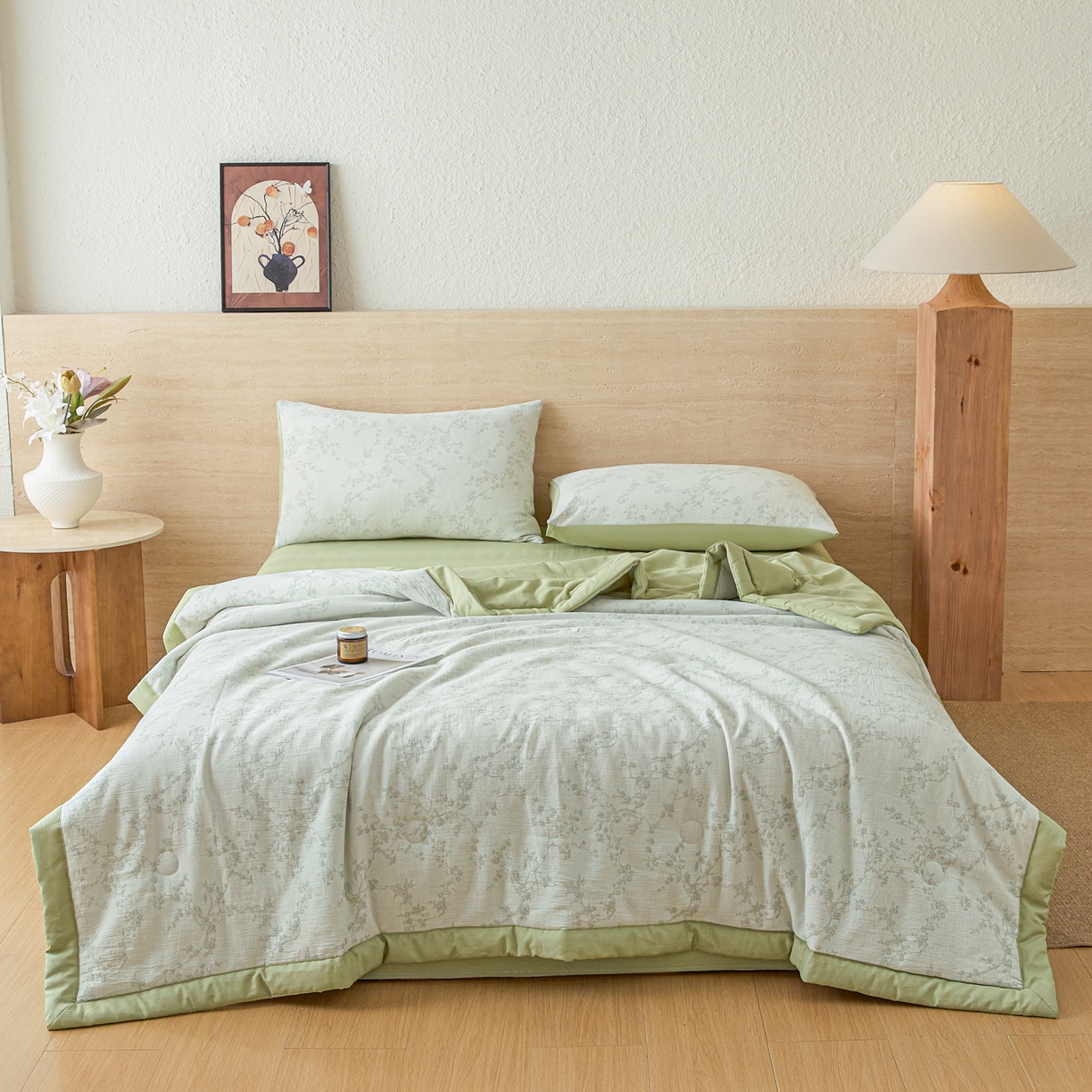 91家纺网 家纺一手货源 找家纺 吾诺家居 2026新款全棉色织提花三层纱夏被夏凉被空调被-华美 香水繁花-绿