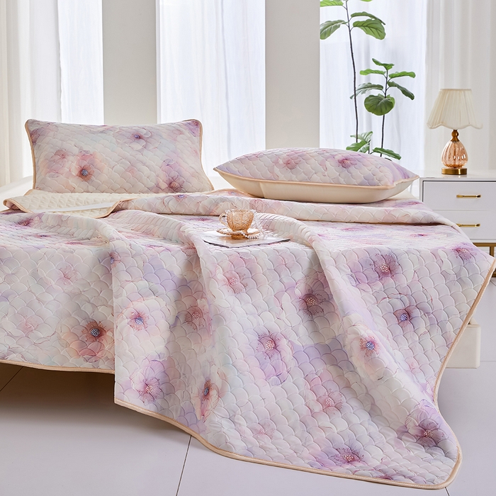 91家纺网 家纺一手货源 找家纺 羽梦家纺 2026新款凉席硅胶席子 雾粉花眠