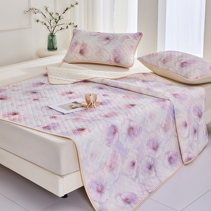 91家纺网 家纺一手货源 找家纺 羽梦家纺 2026新款凉席硅胶席子 雾粉花眠