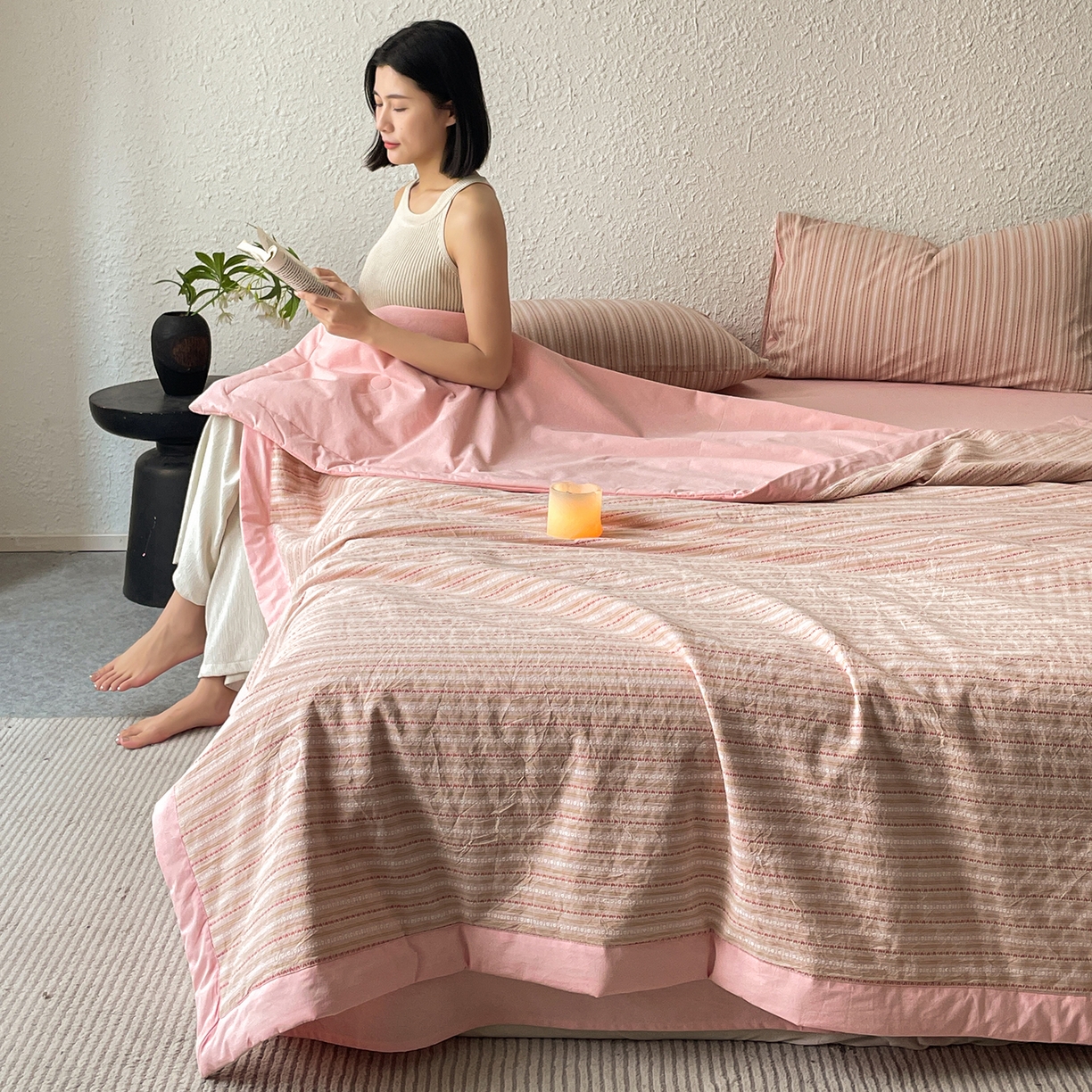 91家纺网 家纺一手货源 找家纺 （总）吾诺家居 2026新款棉色织提花水洗棉大豆夏被夏凉被空调被-摩卡