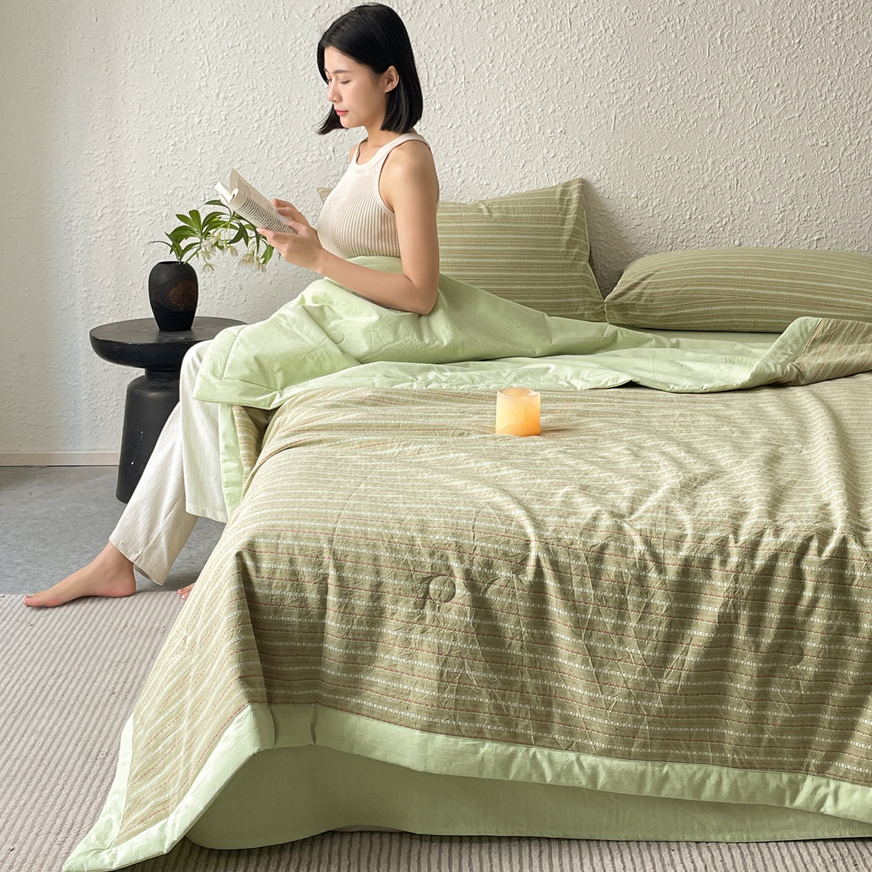91家纺网 家纺一手货源 找家纺 吾诺家居 2026新款棉色织提花水洗棉大豆夏被夏凉被空调被-摩卡 摩卡绿