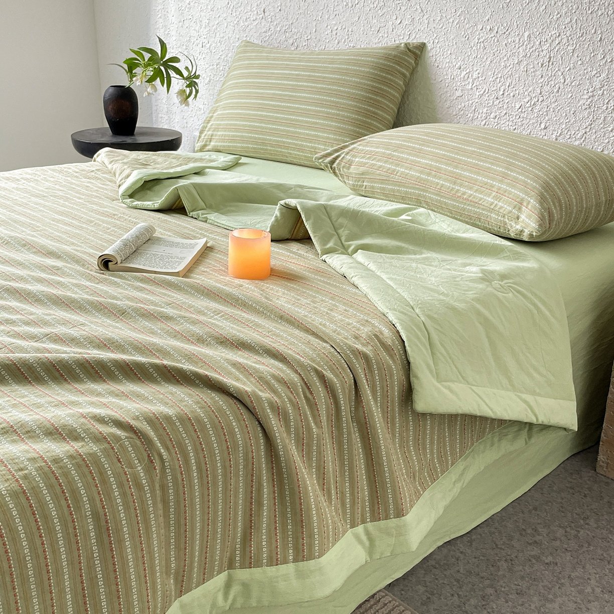 91家纺网 家纺一手货源 找家纺 吾诺家居 2026新款棉色织提花水洗棉大豆夏被夏凉被空调被-摩卡 摩卡绿