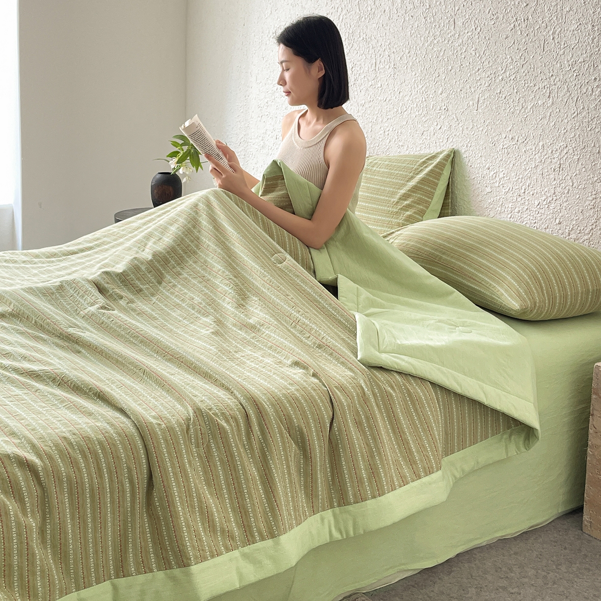 91家纺网 家纺一手货源 找家纺 吾诺家居 2026新款棉色织提花水洗棉大豆夏被夏凉被空调被-摩卡 摩卡绿