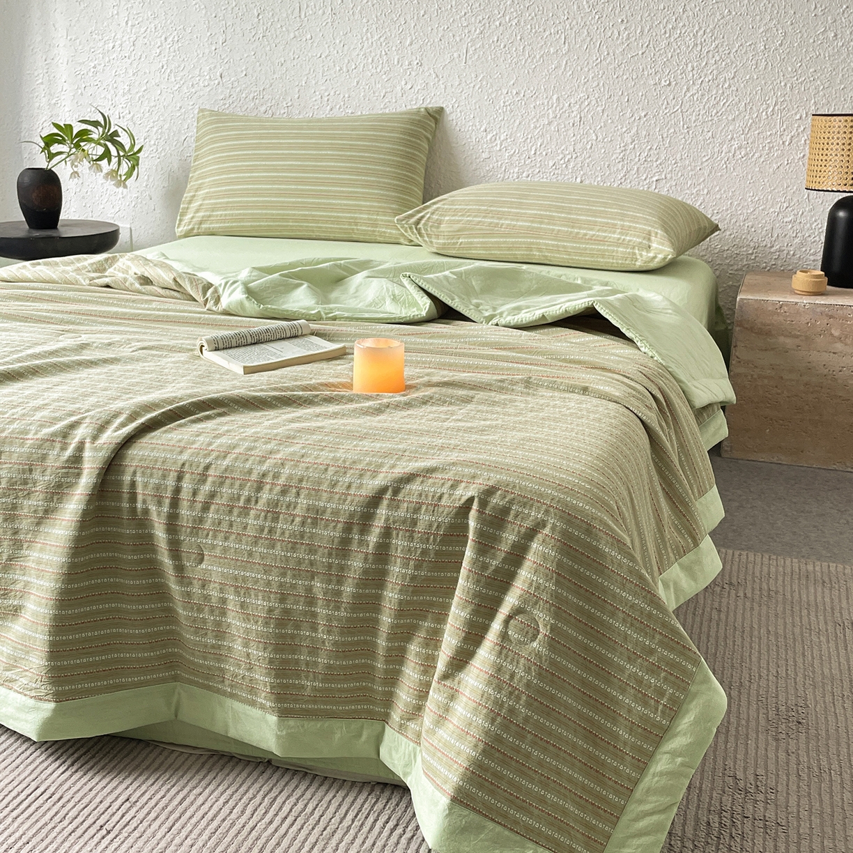 91家纺网 家纺一手货源 找家纺 吾诺家居 2026新款棉色织提花水洗棉大豆夏被夏凉被空调被-摩卡 摩卡绿