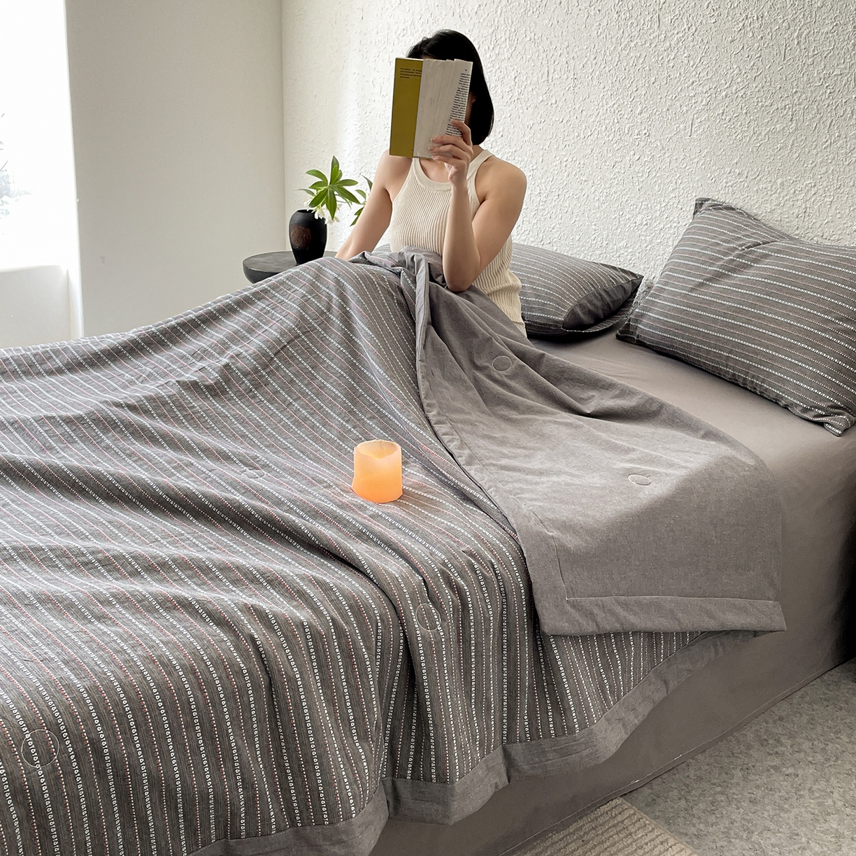 91家纺网 家纺一手货源 找家纺 吾诺家居 2026新款棉色织提花水洗棉大豆夏被夏凉被空调被-摩卡 摩卡灰