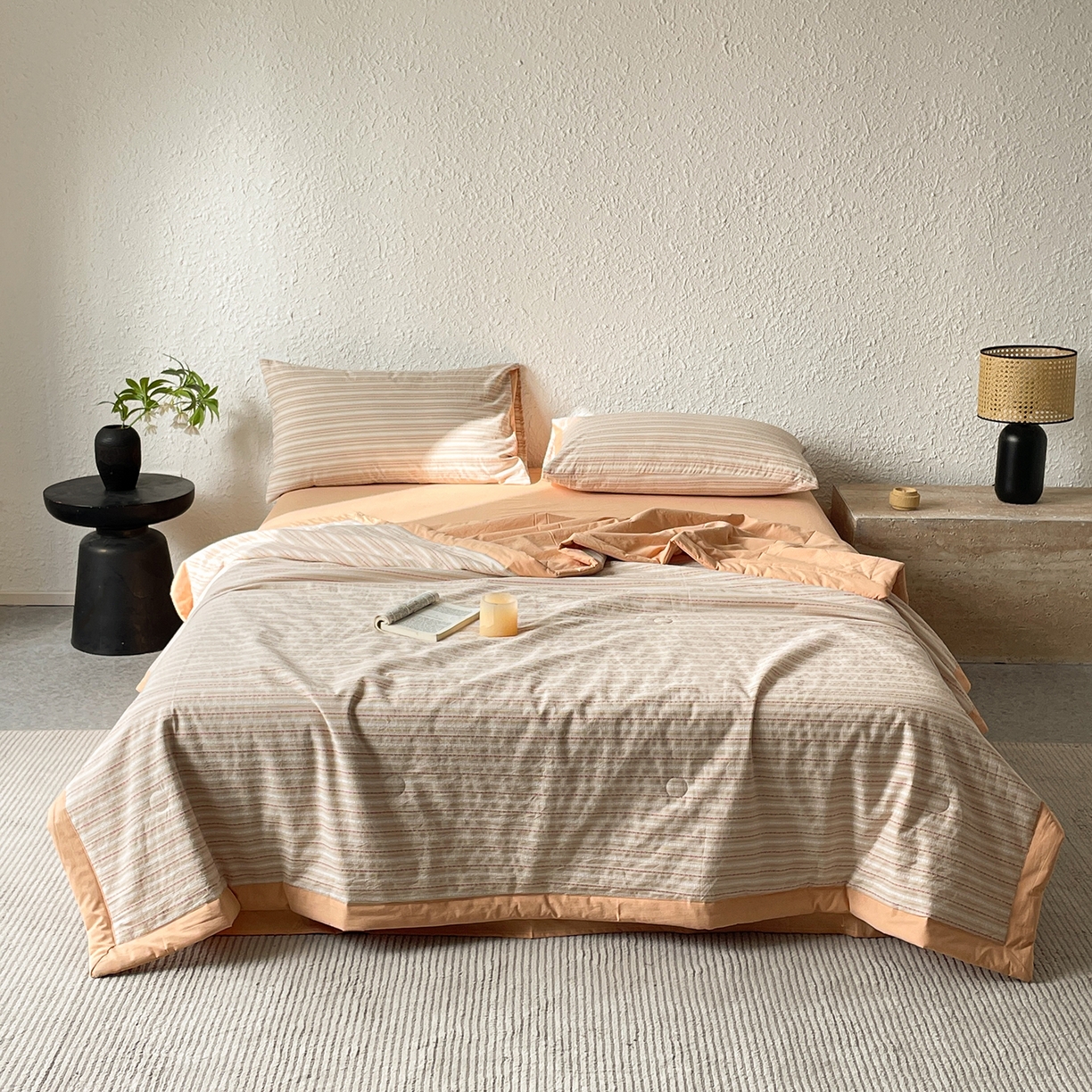 91家纺网 家纺一手货源 找家纺 吾诺家居 2026新款棉色织提花水洗棉大豆夏被夏凉被空调被-摩卡 摩卡桔