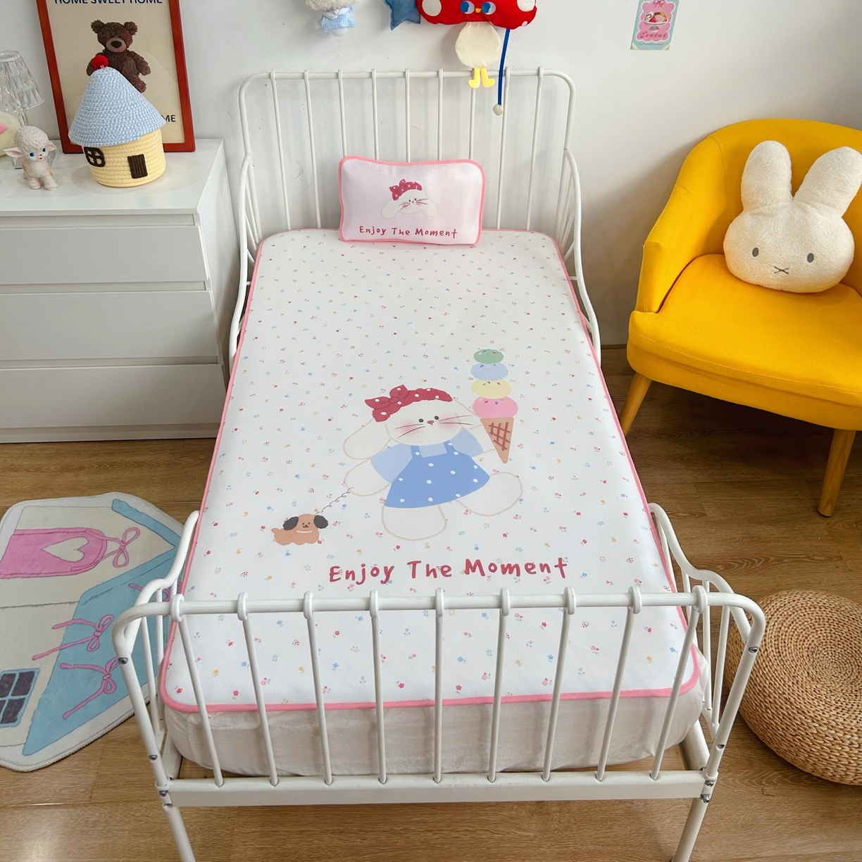 91家纺网 家纺一手货源 找家纺 美乐迪家纺 2026新款儿童水光冰丝凉席席子凉席 冰淇淋小兔