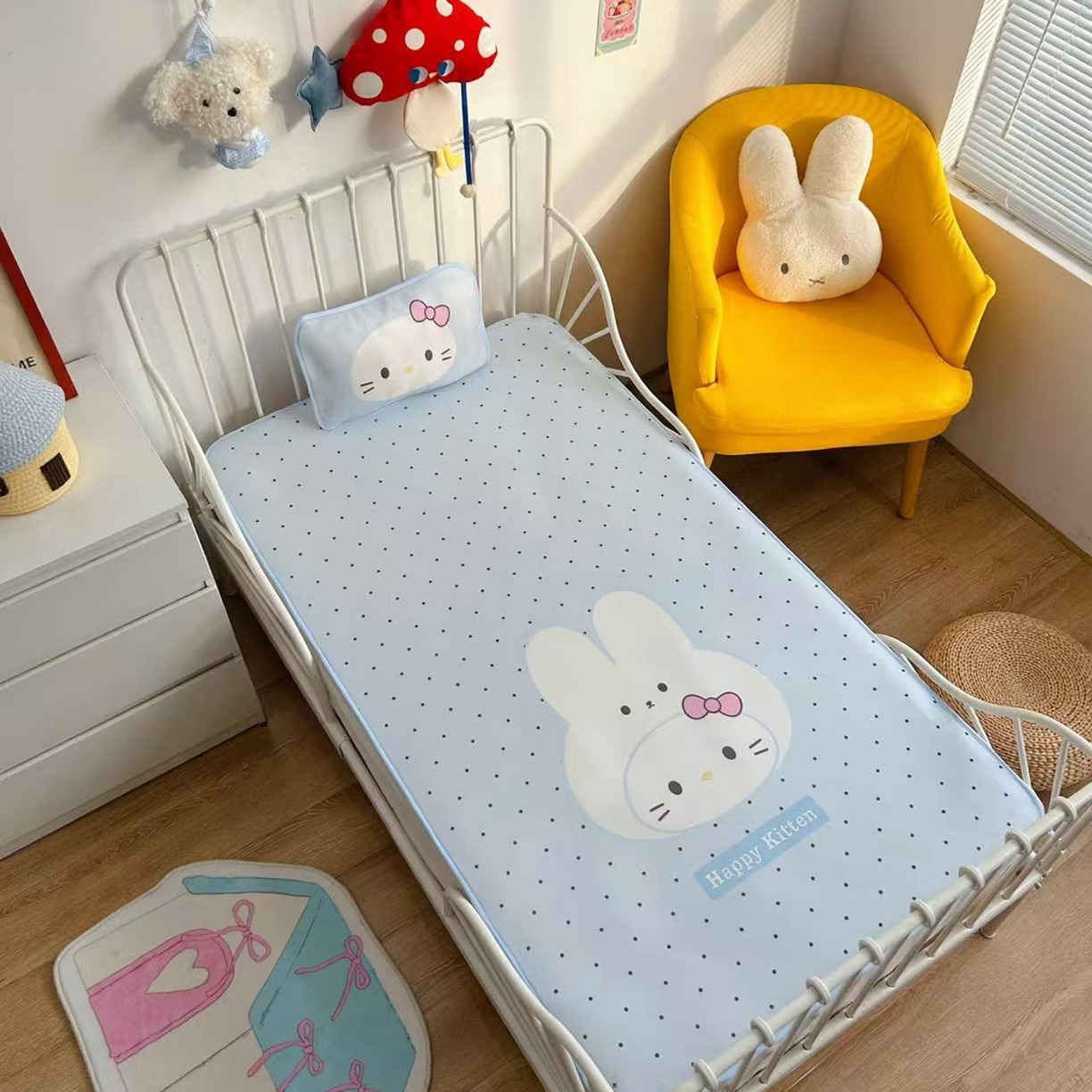 91家纺网 家纺一手货源 找家纺 美乐迪家纺 2026新款儿童水光冰丝凉席席子凉席 兔头小猫