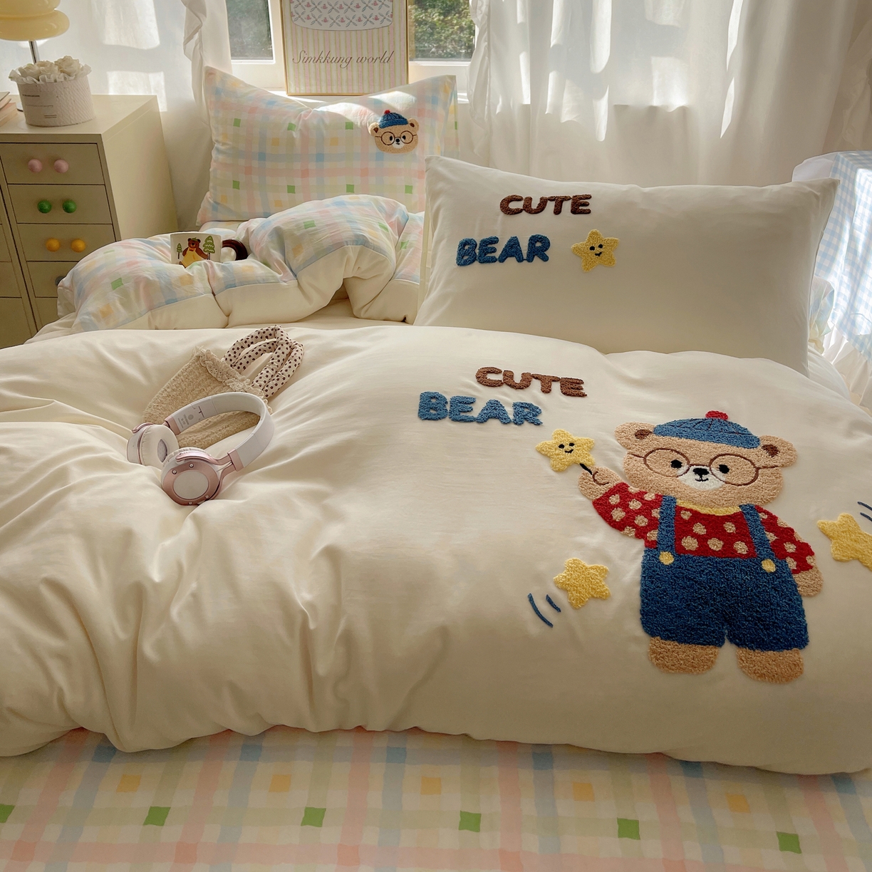 韩都家居 2026春夏新款亲肤舒适毛巾绣四件套（包含买家秀原图） 小熊星星