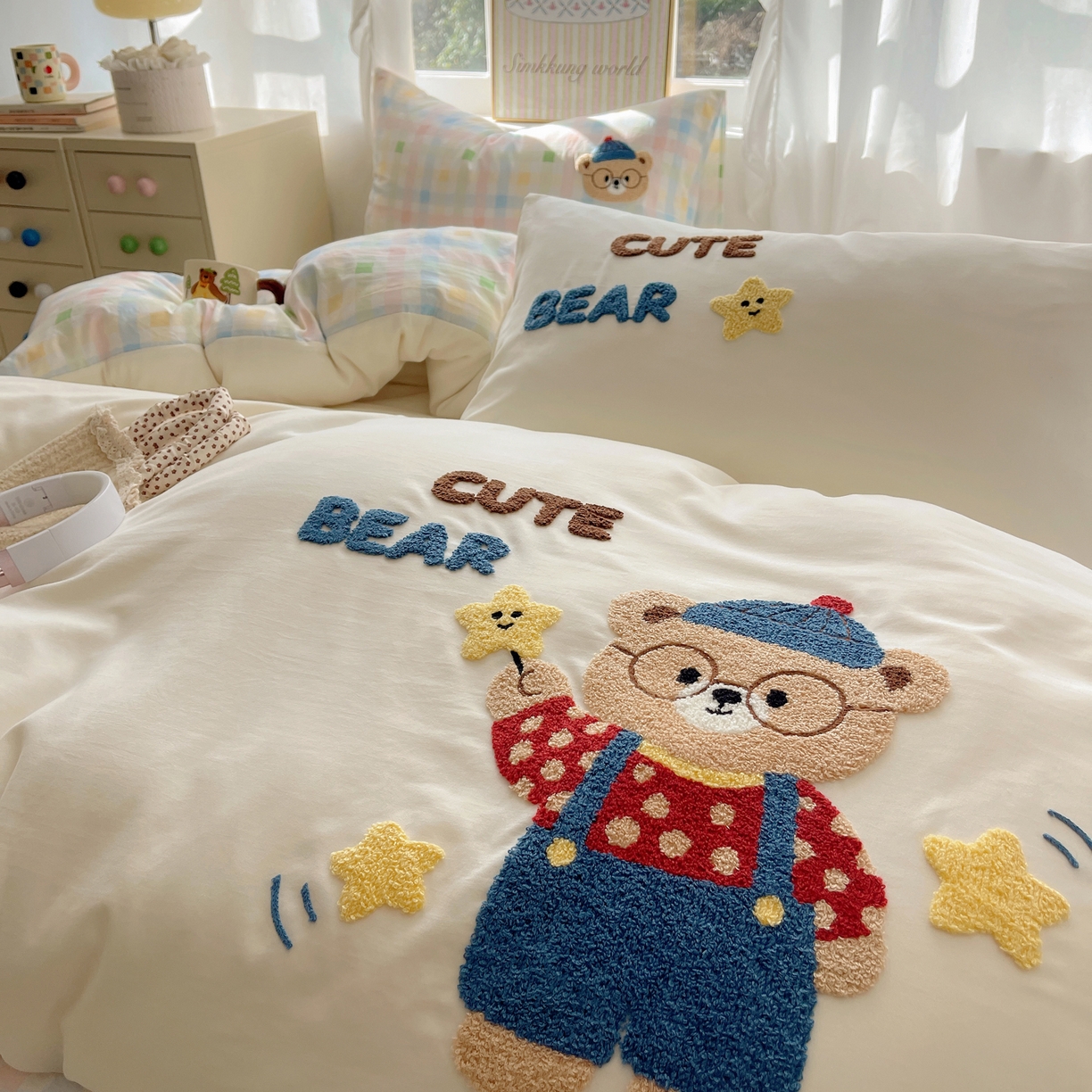 91家纺网 家纺一手货源 找家纺 韩都家居 2026春夏新款亲肤舒适毛巾绣四件套（包含买家秀原图） 小熊星星