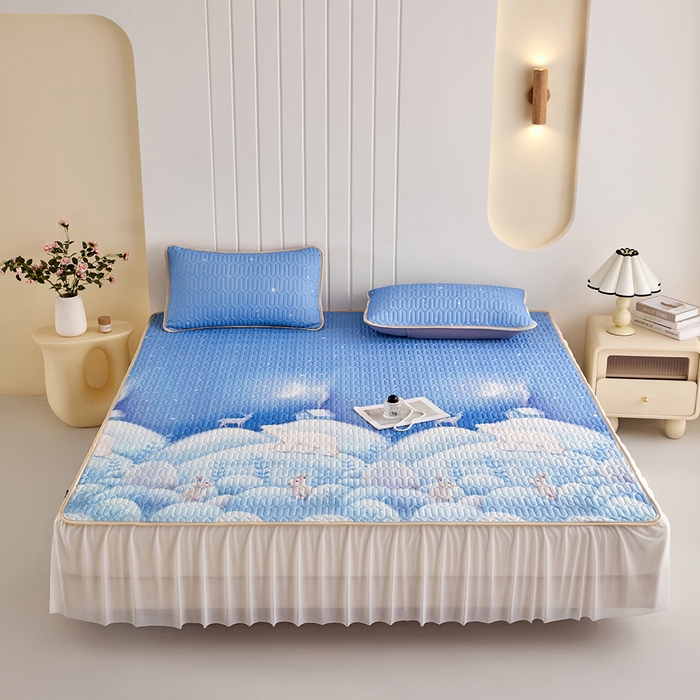 羽梦家纺 2026新款冰柔丝乳胶床裙款凉席云端兔语