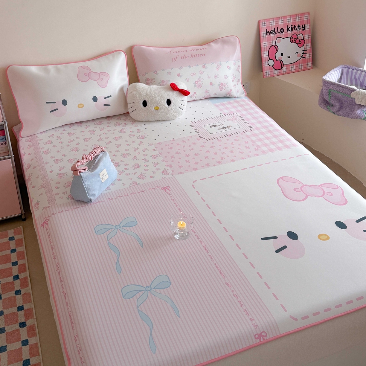 91家纺网 家纺一手货源 找家纺 美乐迪家纺 2026新款大版水光冰丝凉席席子凉席 碎花猫