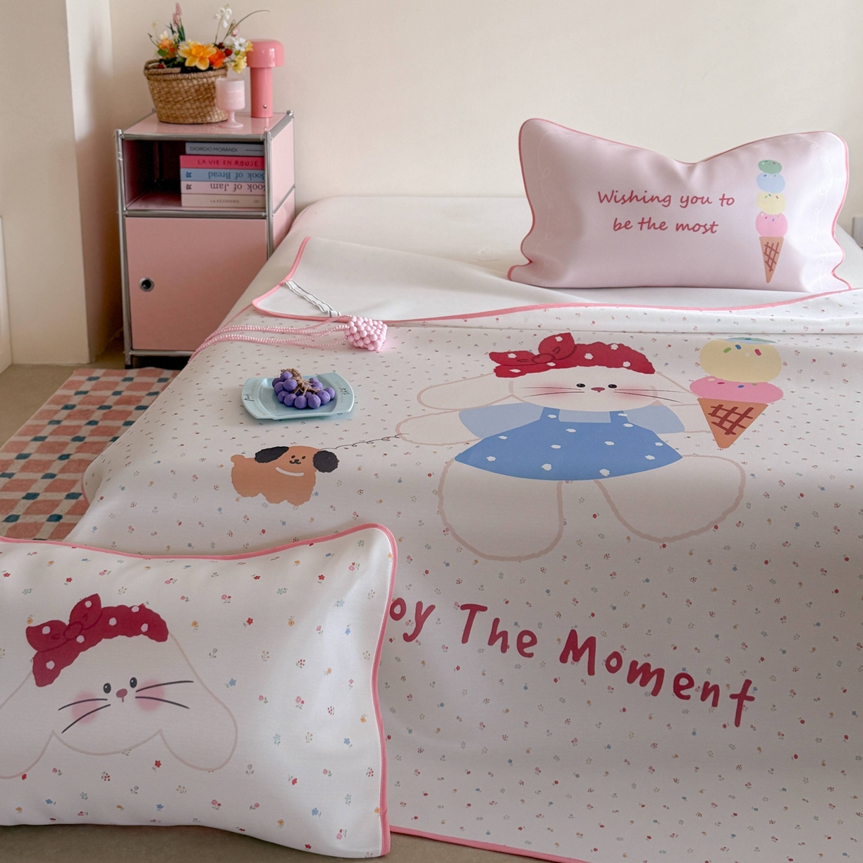 91家纺网 家纺一手货源 找家纺 美乐迪家纺 2026新款大版水光冰丝凉席席子凉席 冰淇淋小兔