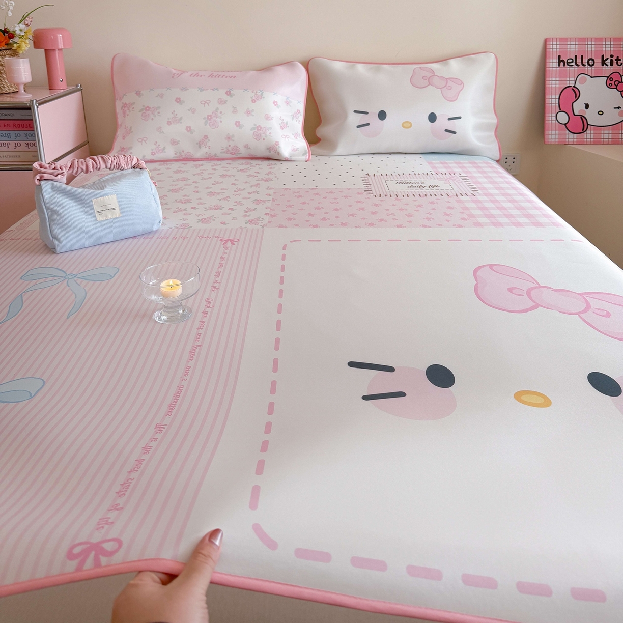 91家纺网 家纺一手货源 找家纺 美乐迪家纺 2026新款大版水光冰丝凉席席子凉席 碎花猫