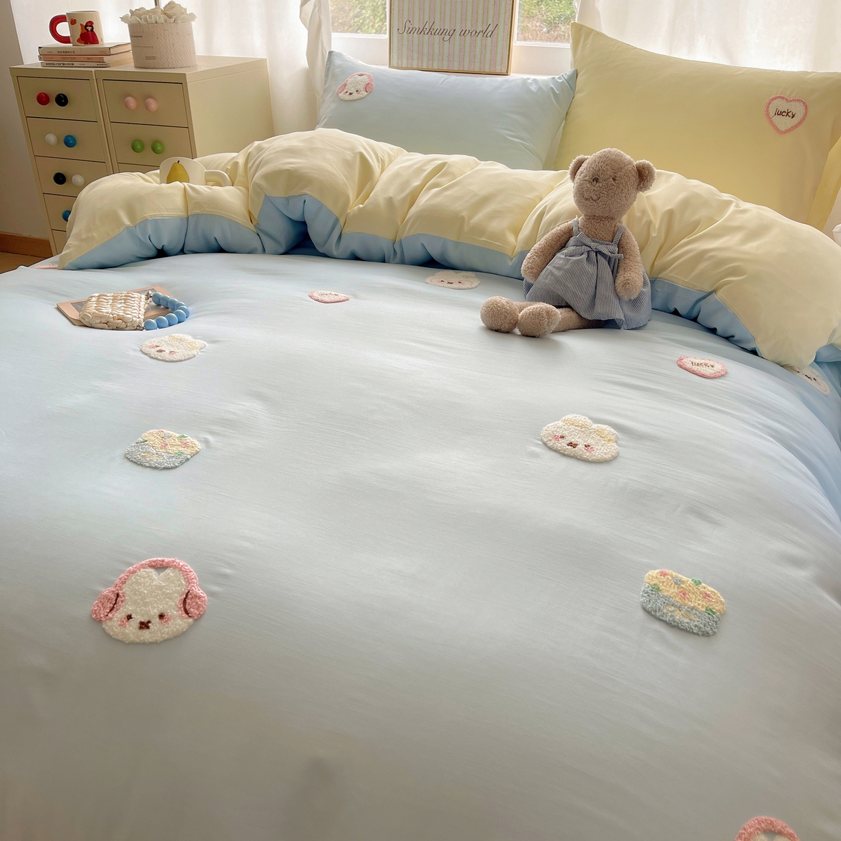 91家纺网 家纺一手货源 找家纺 韩都家居 2026春夏新款亲肤舒适毛巾绣四件套（包含买家秀原图） 音乐兔