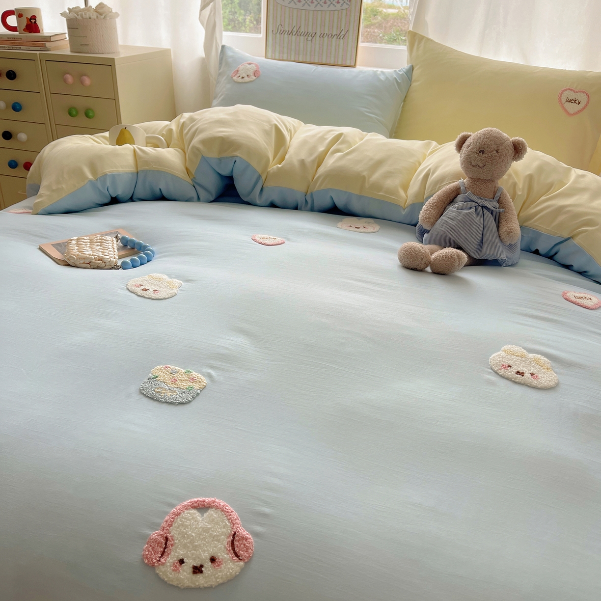 91家纺网 家纺一手货源 找家纺 韩都家居 2026春夏新款亲肤舒适毛巾绣四件套（包含买家秀原图） 音乐兔