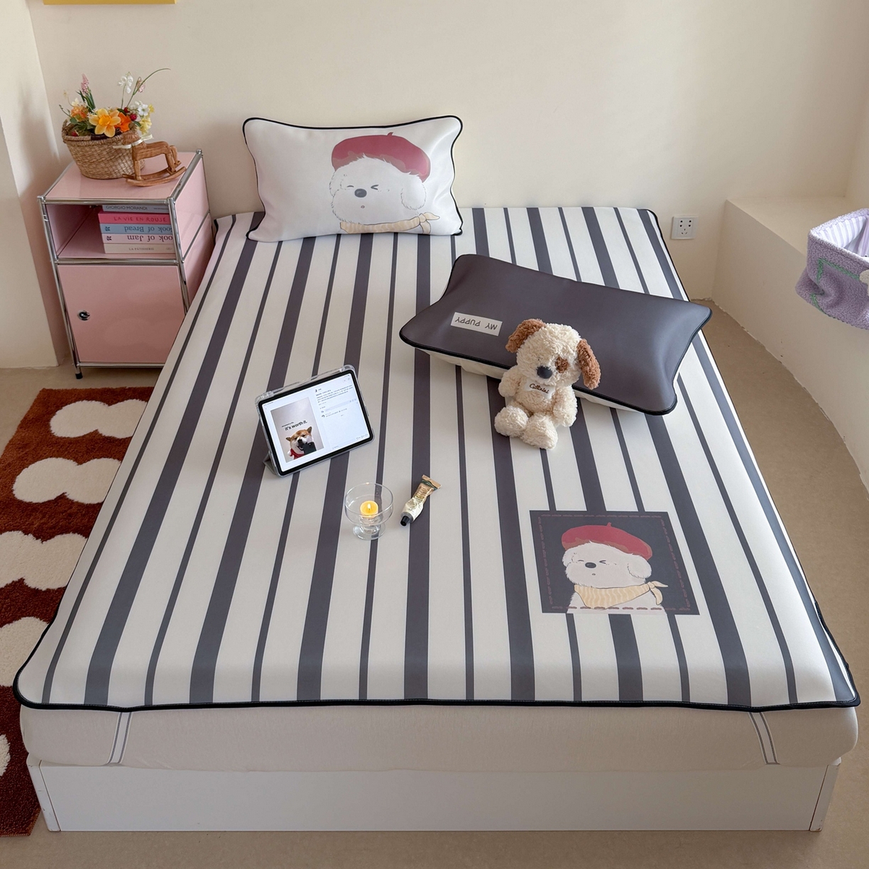 美乐迪家纺 2026新款大版水光冰丝凉席席子凉席 黑条小狗