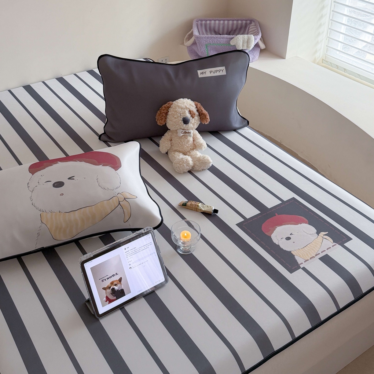 91家纺网 家纺一手货源 找家纺 美乐迪家纺 2026新款大版水光冰丝凉席席子凉席 黑条小狗