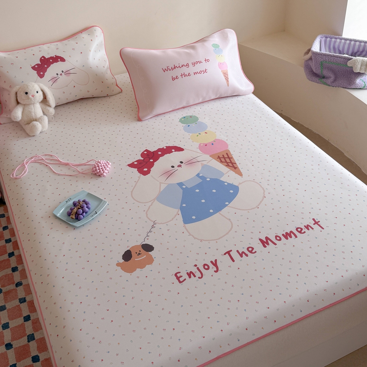 91家纺网 家纺一手货源 找家纺 美乐迪家纺 2026新款大版水光冰丝凉席席子凉席 冰淇淋小兔