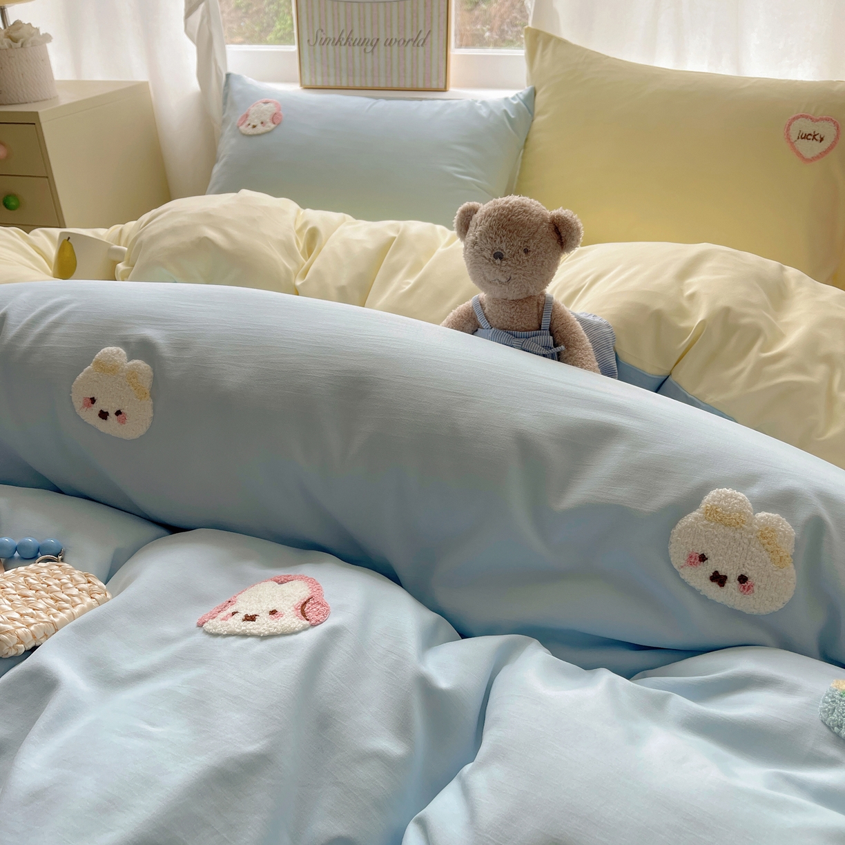 91家纺网 家纺一手货源 找家纺 韩都家居 2026春夏新款亲肤舒适毛巾绣四件套（包含买家秀原图） 音乐兔