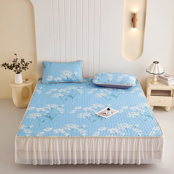 羽梦家纺 2026新款冰柔丝乳胶床裙款凉席青空花信