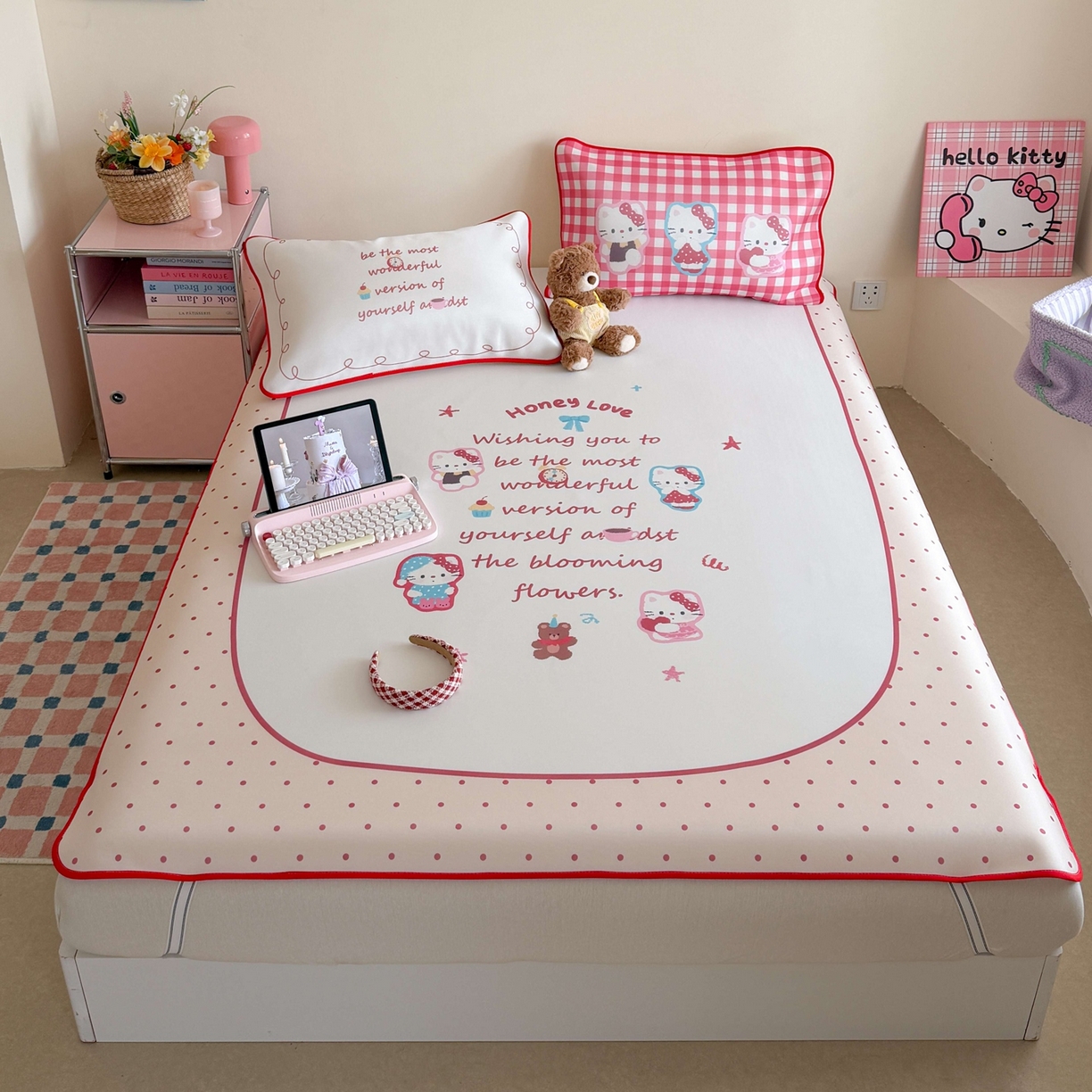 美乐迪家纺 2026新款大版水光冰丝凉席席子凉席 字母猫咪