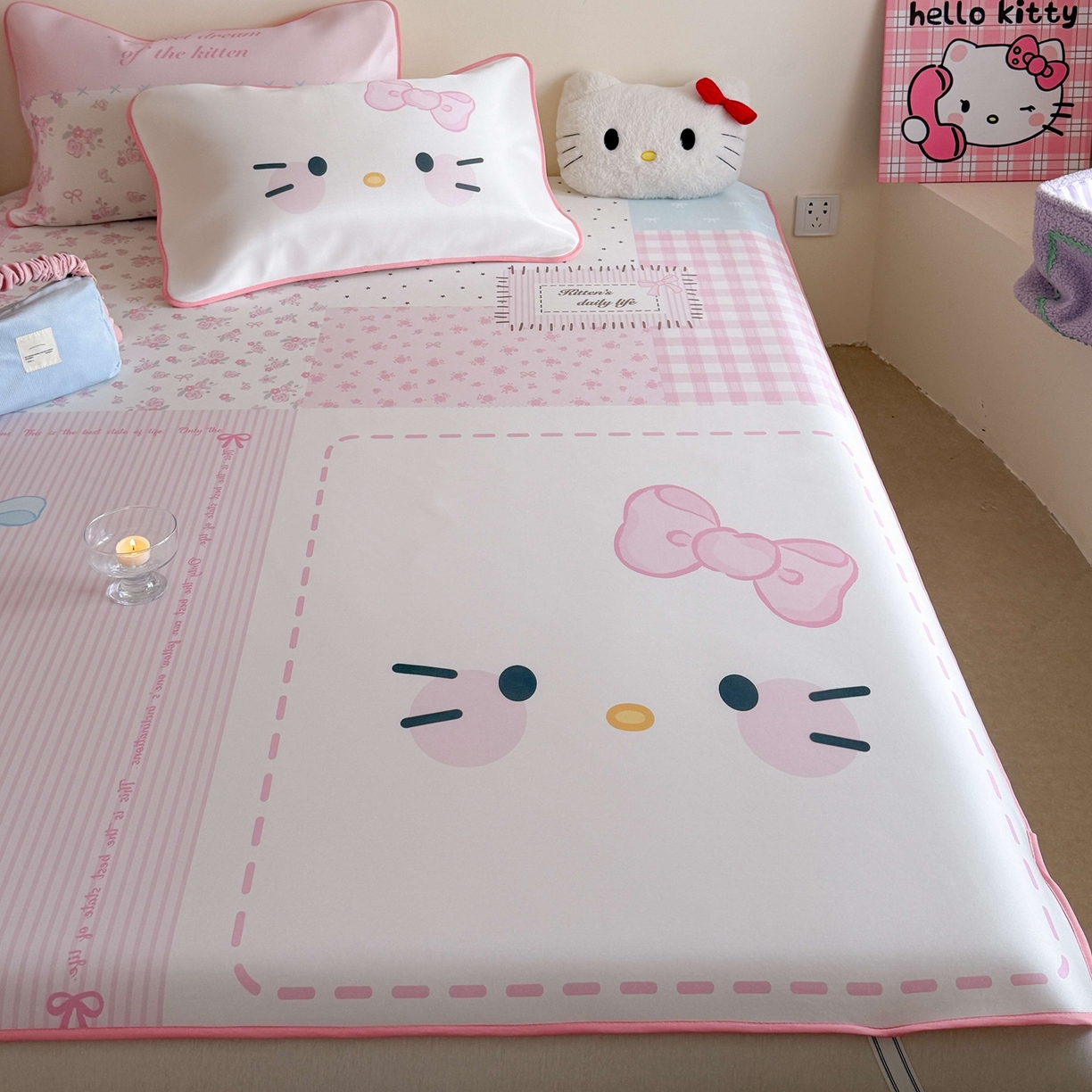 91家纺网 家纺一手货源 找家纺 美乐迪家纺 2026新款大版水光冰丝凉席席子凉席 碎花猫