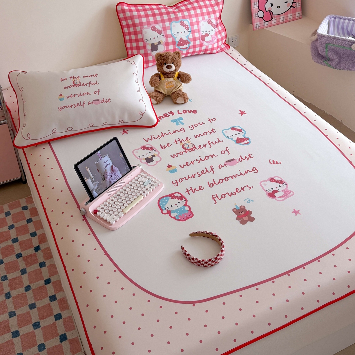 91家纺网 家纺一手货源 找家纺 美乐迪家纺 2026新款大版水光冰丝凉席席子凉席 字母猫咪