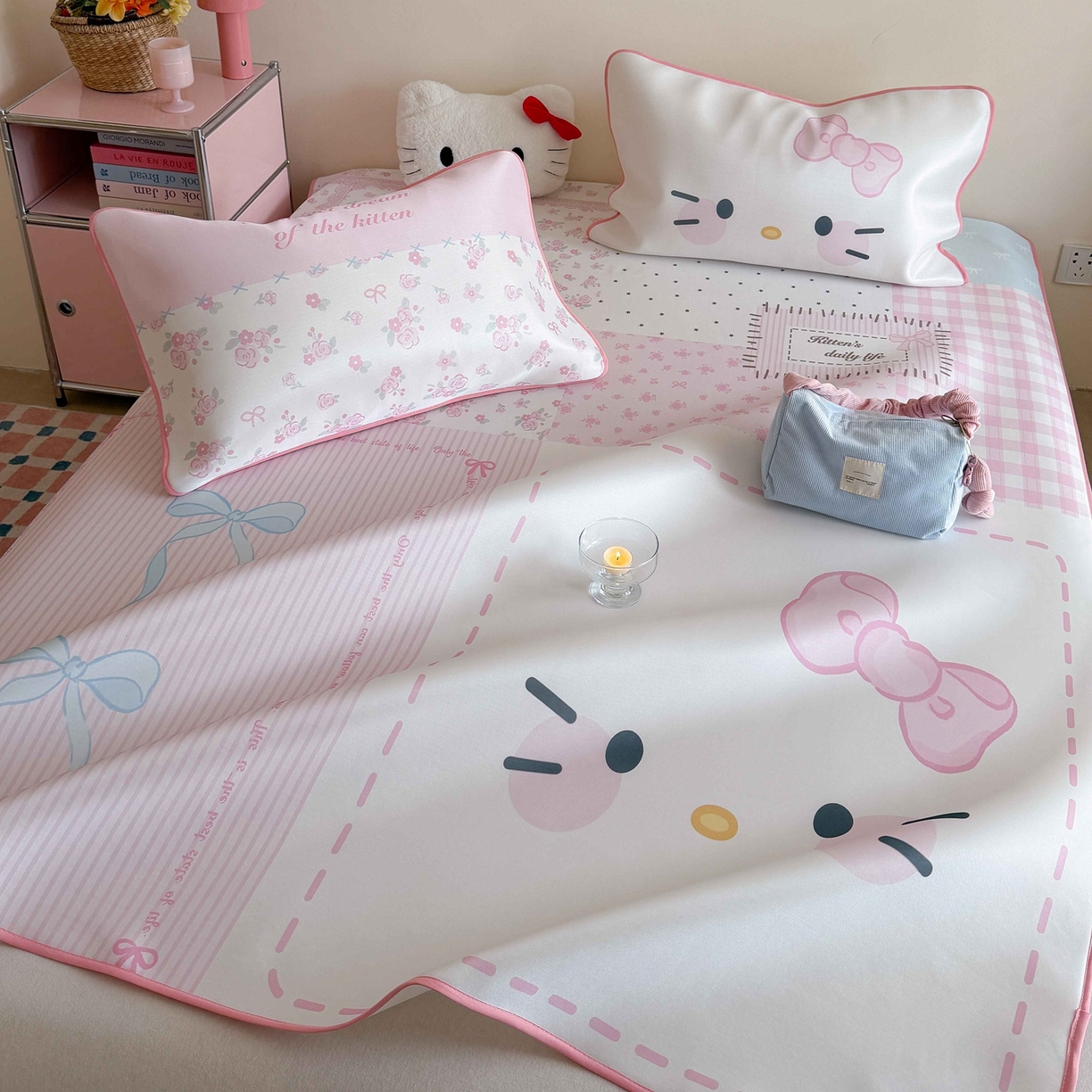 91家纺网 家纺一手货源 找家纺 美乐迪家纺 2026新款大版水光冰丝凉席席子凉席 碎花猫