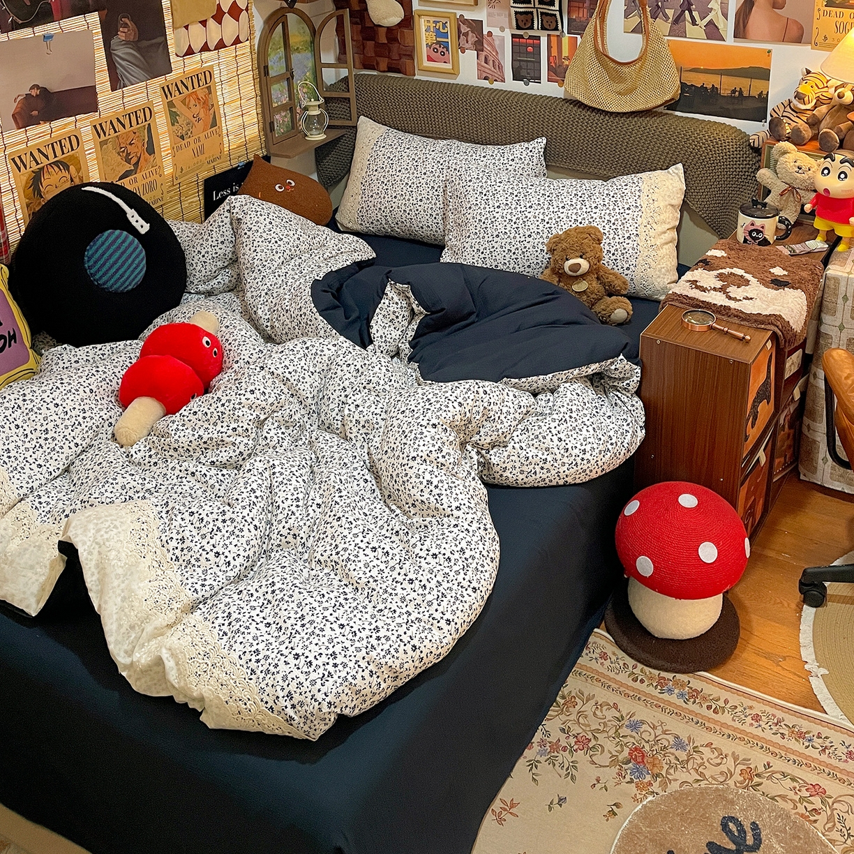 91家纺网 家纺一手货源 找家纺 水墨江南 2026新款甜美复古花边四件套 复古花边-烟青