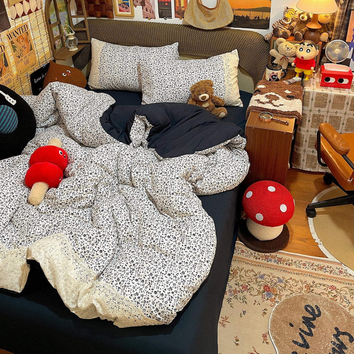 91家纺网 家纺一手货源 找家纺 水墨江南 2026新款甜美复古花边四件套 复古花边-烟青