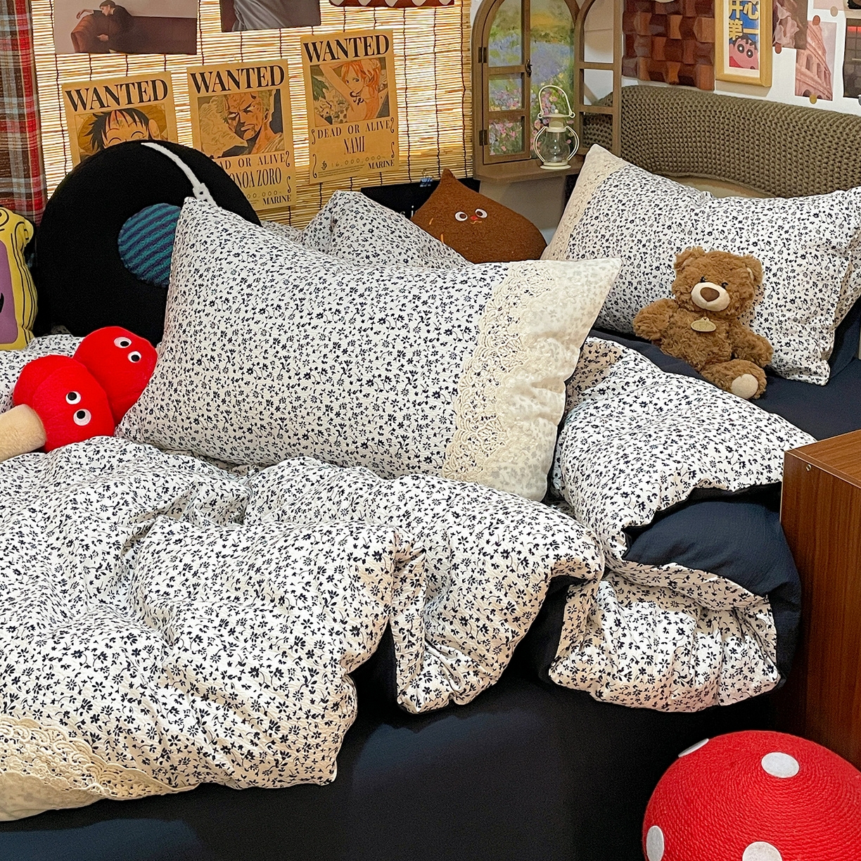 91家纺网 家纺一手货源 找家纺 水墨江南 2026新款甜美复古花边四件套 复古花边-烟青